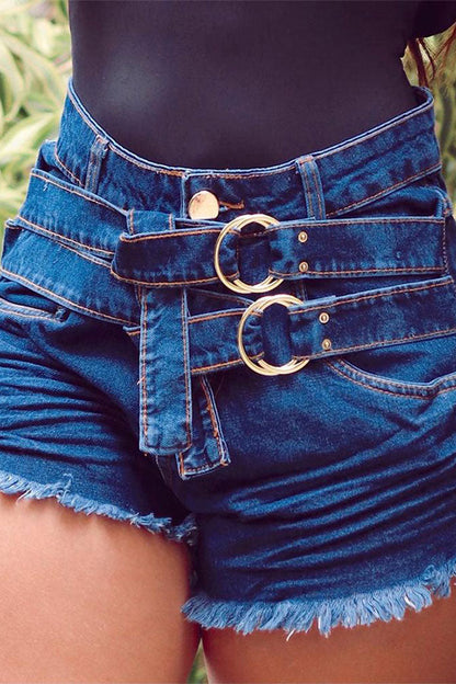 storexq Buckled Decor Unusual Denim Shorts