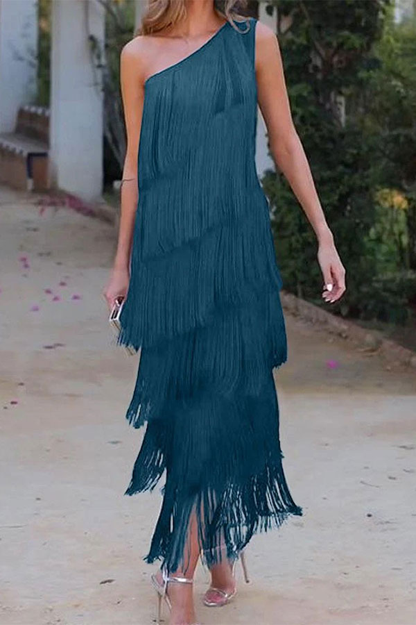 namcoverse Solid Color One Shoulder Pretty Tassel Midi Dress