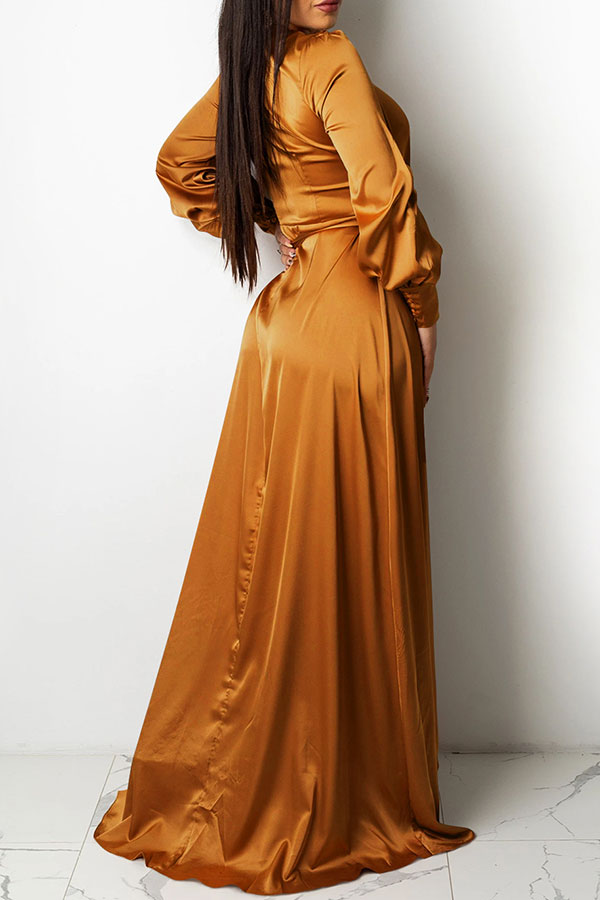 storexq Solid Color Deep V Neck Luxe Lace-Up Split Maxi Dress