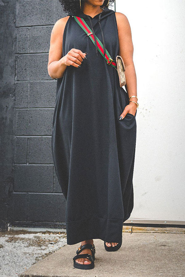 storexq Solid Color Relaxed Hooded Maxi Dress