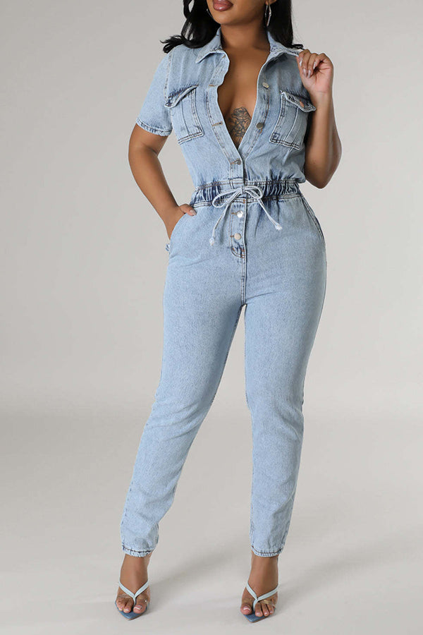 storexq Washed Denim Feminine Pocket Button Down Jumpsuit