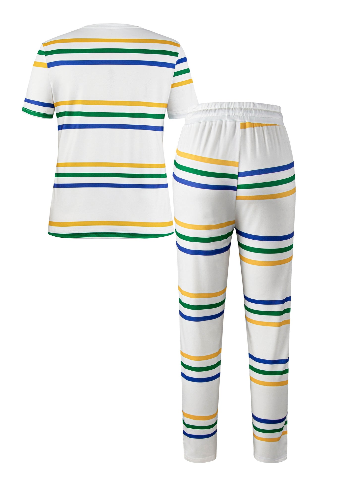 Two-Piece Striped Print Casual Outfit - Crew Neck Short Sleeve T-Shirt & Tie Waist Pants with Micro Elasticity and Drawstring - Machine Washable, Polyester Knit Fabric, Perfect for Spring/Summer Season