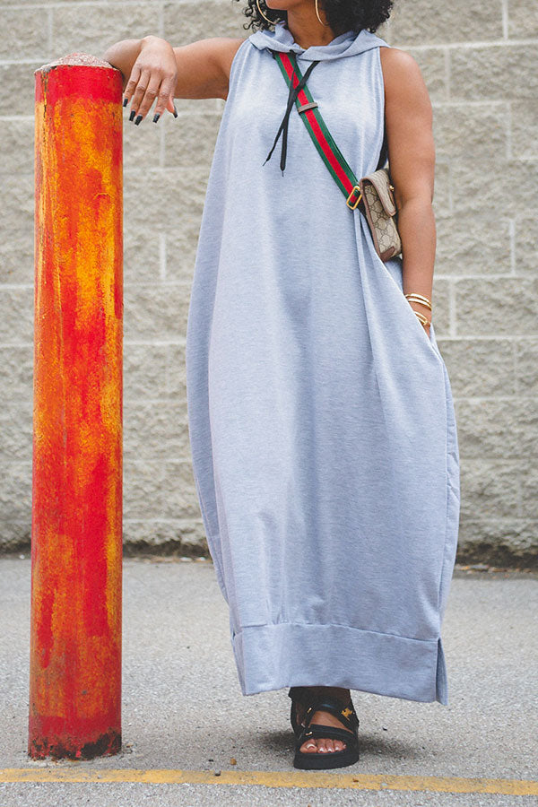 storexq Solid Color Relaxed Hooded Maxi Dress