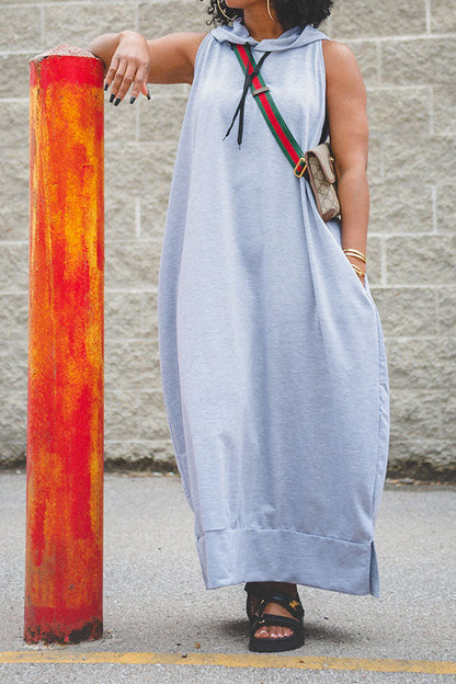 storexq Solid Color Relaxed Hooded Maxi Dress