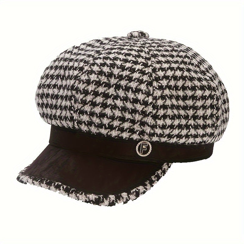 Chic Houndstooth Beret For Women - Warm & Breathable, Non-Stretch Polyester, Knit Craftsmanship, Adjustable Drawstring Closure, Perfect For Fall/Winter Fashion