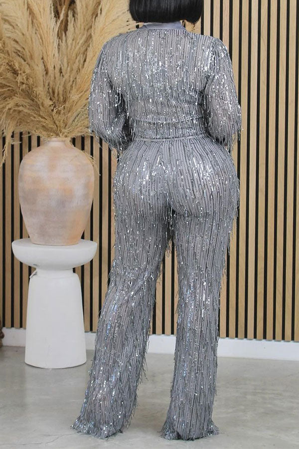 storexq Solid Color Sequined Tassel Sparkly Pant Suit