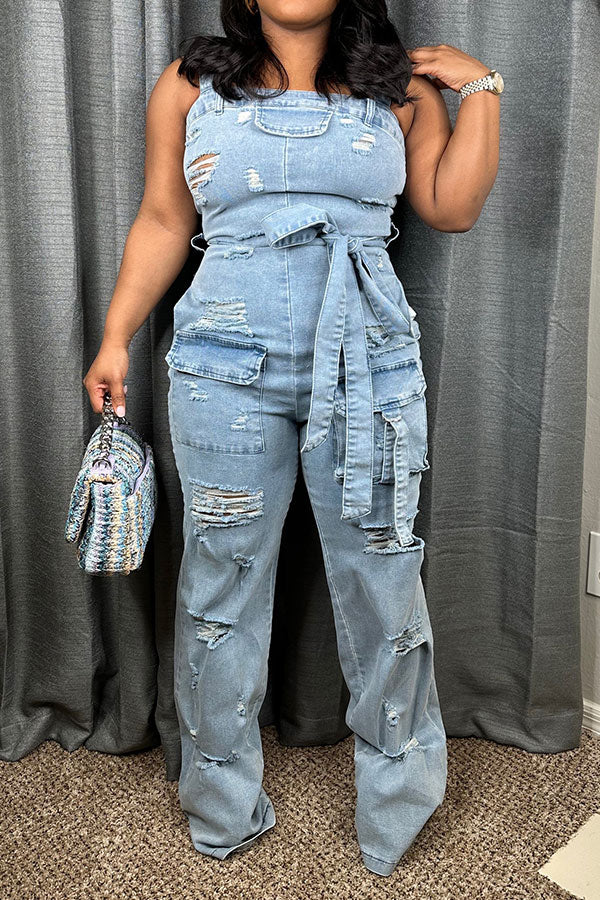 storexq Ripped Denim Smart Pocket Belted Suspender Jumpsuit