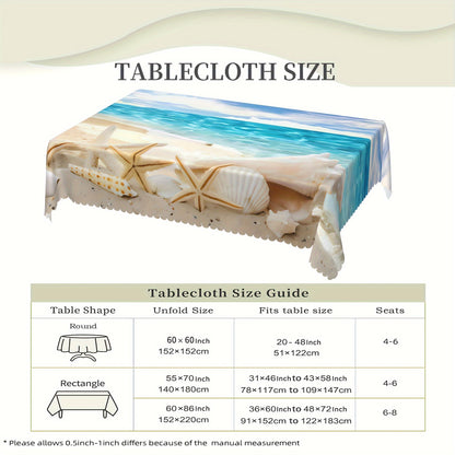 1pc Round/Square Tablecloth, Ocean Beach Clouds Table Cloth, Summer Seascape Coast Sky Shellfish Starfish Wave Tablecover, Waterproof Stain Wrinkle Free, Indoor And Outdoor Table Cover, For Home Kitchen Dining Party Decoration