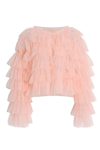 storexq Solid Color Cute Tulle Tiered Ruffle Blouse