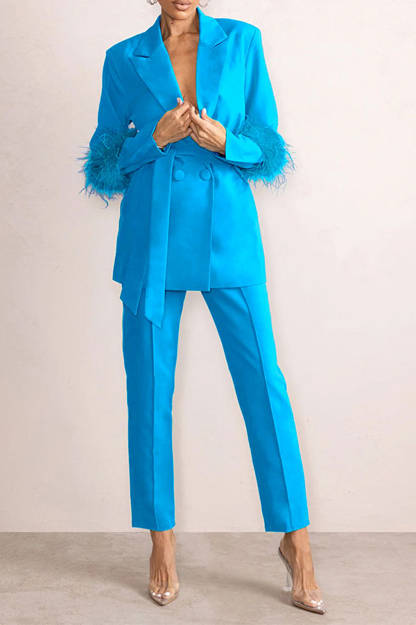 storexq Solid Color Feather Trim Elegant Belted Pant Suit