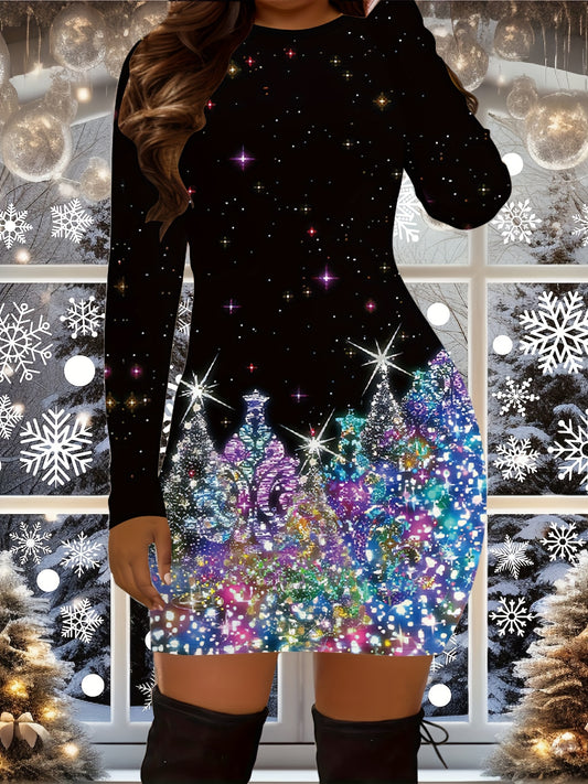 Christmas Tree Print 3D Embellished Long Sleeve Dress - Polyester Knit Fabric, Round Neck, Flared Fit, Adult Holiday Casual Dress for All Seasons