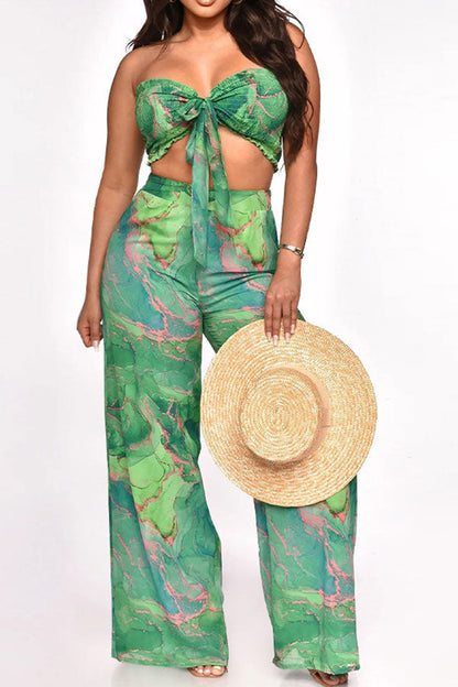 storexq Tie Dye Tropical Tie Front Wide Leg Pant Suit