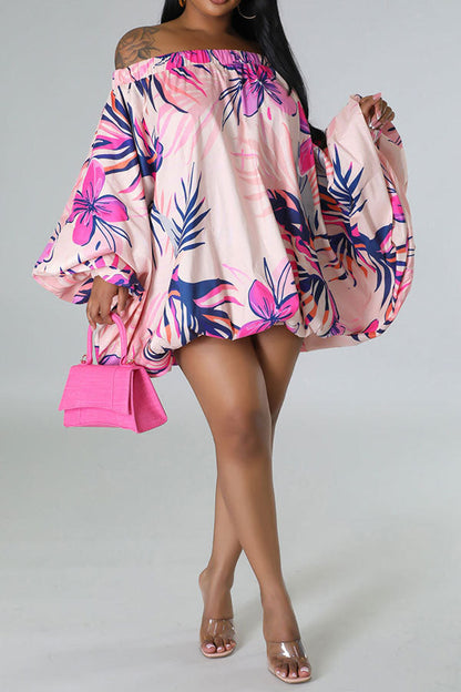 namcoverse Floral Print Tropical Off Shoulder Bubble Mini Dress