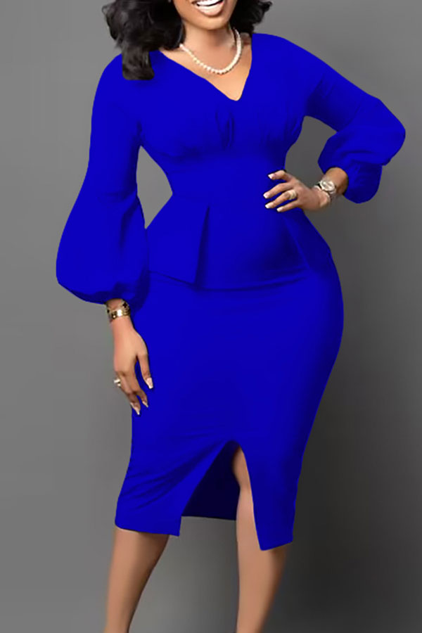 namcoverse Solid Color Elegant High Split Puff Sleeve Midi Dress