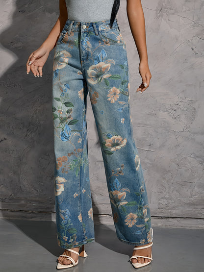 Fashionable Womens Floral Print Jeans - Loose Fit, Distressed Denim, Practical Pockets, Casual Straight Leg Pants for Everyday Style