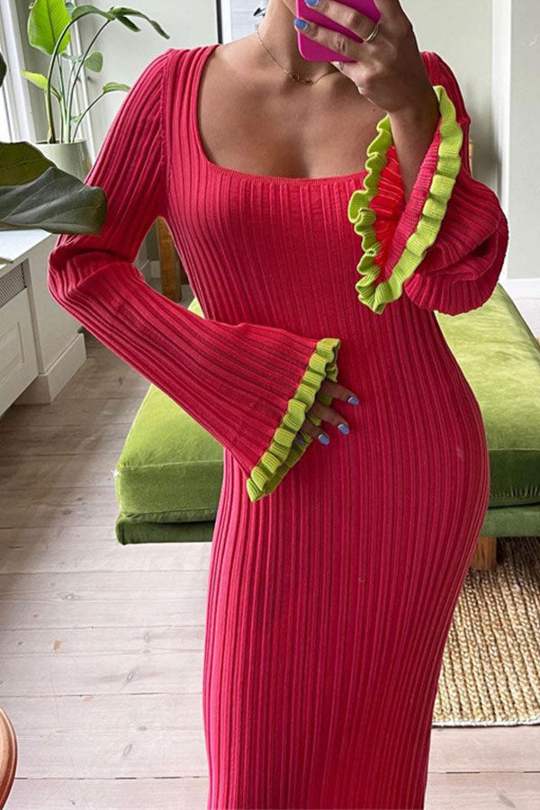 storexq Color Block Trumpet Sleeve Casual Knitted Maxi Dress