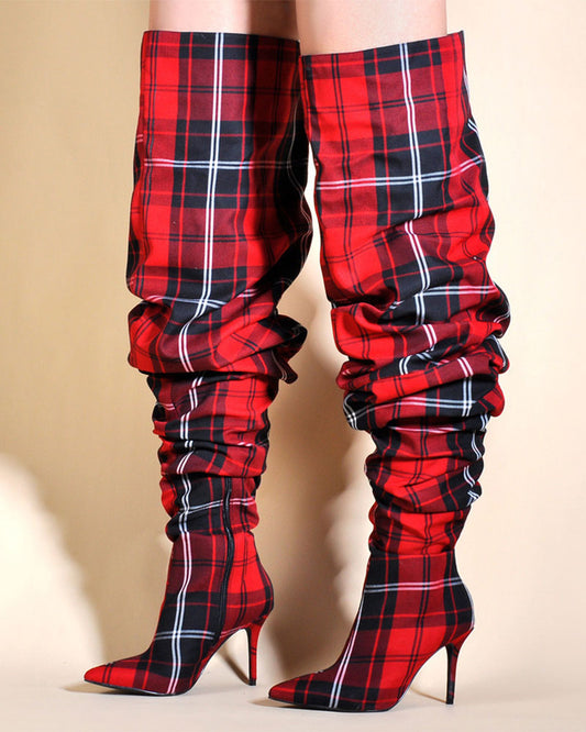 storexq Plaid Sherring Classic Pointed Toe Boots