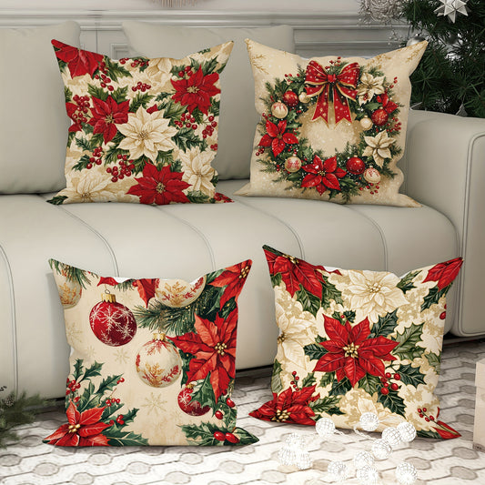 4-Pack 18x18 Inch JIT Christmas Poinsettia Wreath Velvet Cushion Covers, Decorative Farmhouse Vintage Festive Pillowcases with One-Sided Print, Contemporary Zippered Design, Machine Washable 100% Polyester for Sofa, Living Room & Bedroom Decor