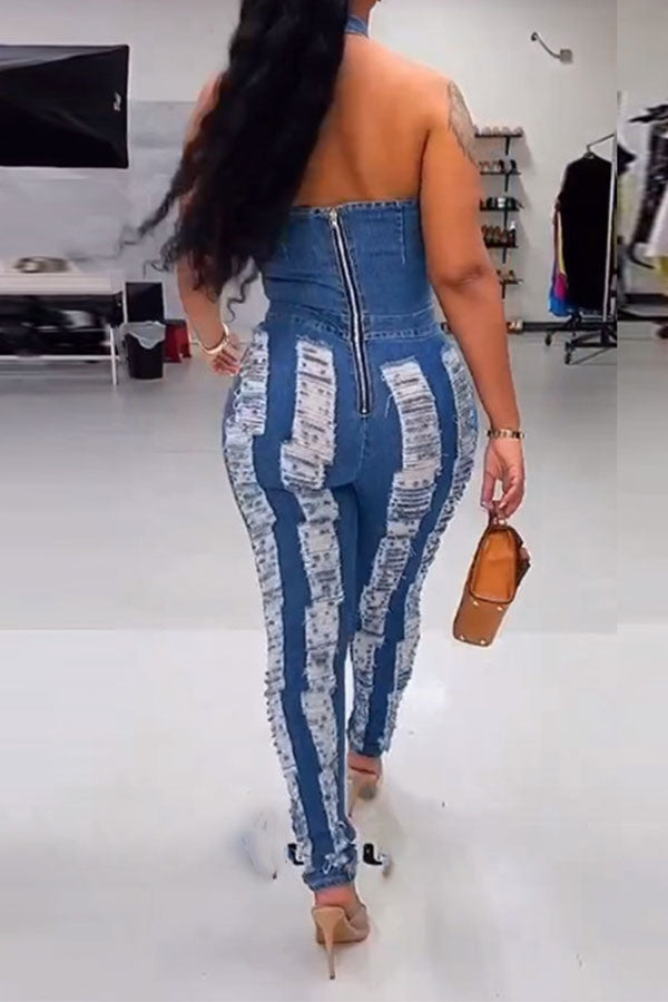 storexq Halter Collar Ripped Stylish Denim Jumpsuit