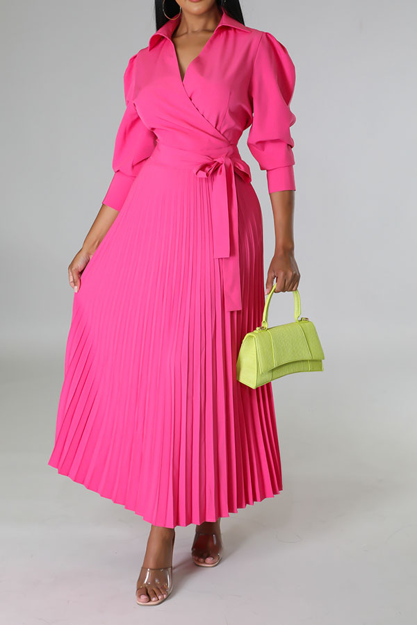 storexq Solid Color Commuting Belted Pleated Midi Dress