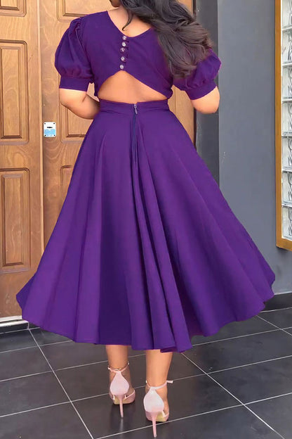 storexq Solid Color Sweet Cutout Waist Pleated Midi Dress