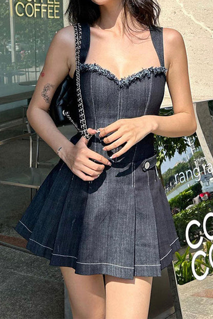 storexq Patchwork Hot Pleated Denim Mini Dress