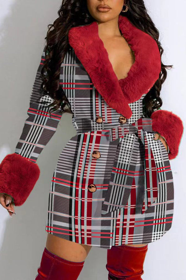 storexq Faux Fur Patchwork Feminine Belted Plaid Coat