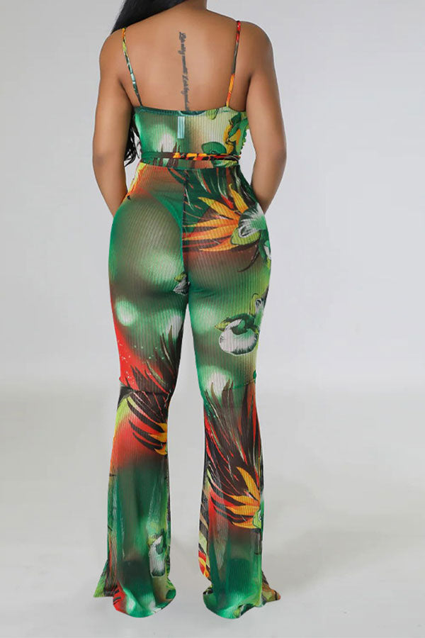 storexq Floral Print Romantic Belted Bell Bottoms Jumpsuit