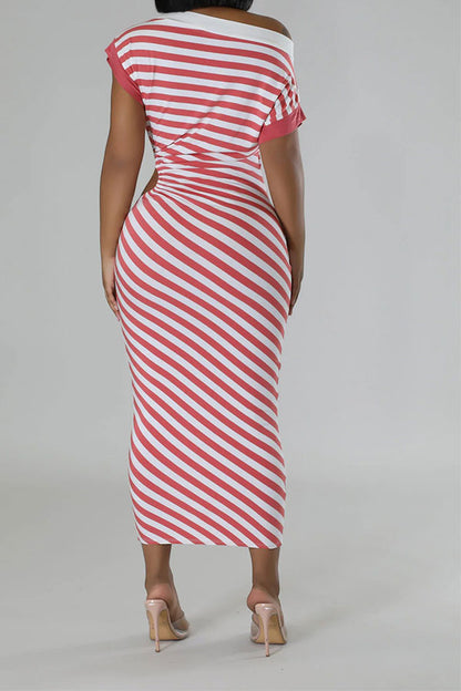 storexq Striped Patchwork Boat Neck Classic Cutout Midi Dress