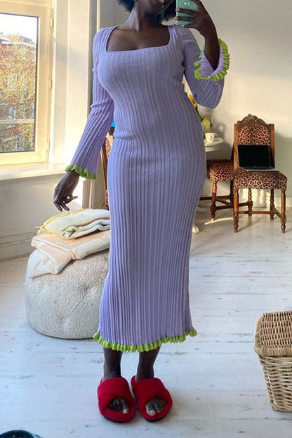 storexq Color Block Trumpet Sleeve Casual Knitted Maxi Dress