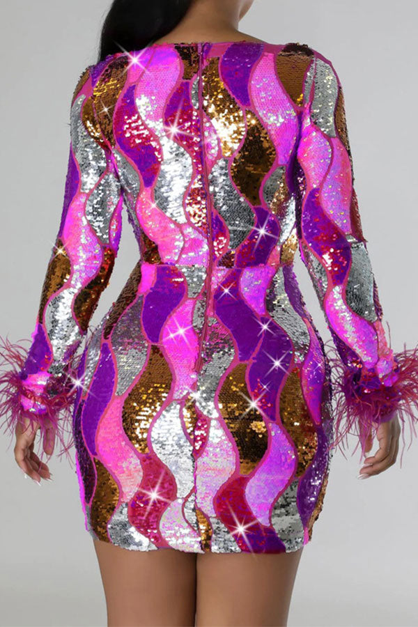 namcoverse Colorful Ripple Sequined Rocking Feather Trim Mini Dress