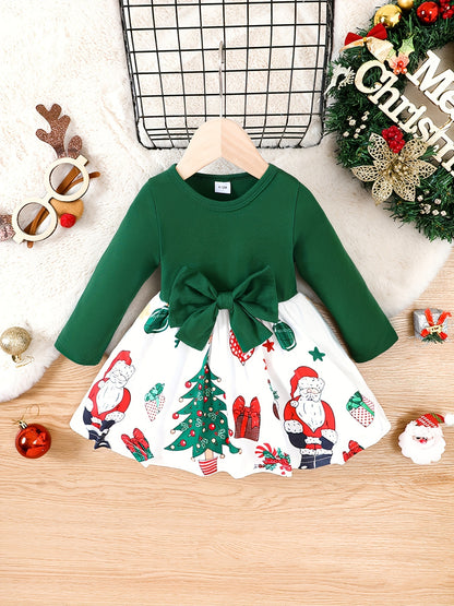 Baby's Cartoon Christmas Element Pattern Bowknot Decor Long Sleeve Cotton Dress, Infant & Toddler Girl's Dress For Daily Wear/Holiday/Party, As Gift