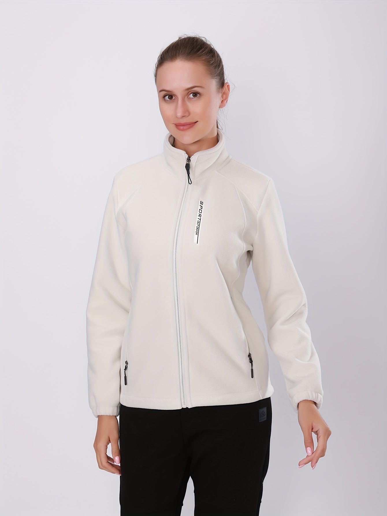 Cozy Embroidered Fleece Jacket for Women - Warm, Windproof, and Water-Resistant with Zip Pockets, Stand Collar, and Long Sleeves for All Seasons - 330g 100% Polyester Solid Knit Fabric