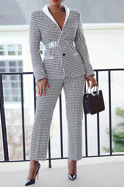 storexq Houndstooth Shawl Collar Feminine Pant Suit