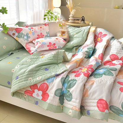 3pcs Luxurious Skin-Friendly Floral Quilt Set - Soft, Breathable, and Comfortable for All Seasons - Ideal for Single, Double, Hotel, Home, Bedroom, Guest Room, and Sofa with 1 Thin Quilt and 2 Pillowcases