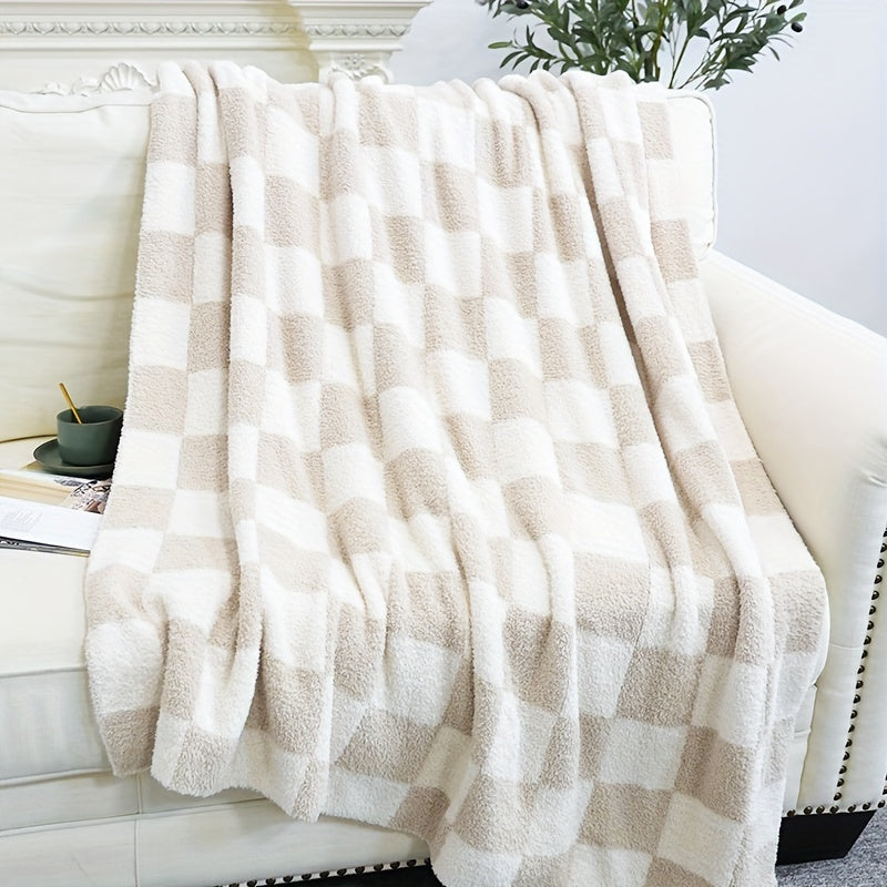 1pc Plush Feather Yarn Knitted Cozy Throw Blanket - Soft, Checkerboard Pattern, Warm, Lightweight, Easy Care - Perfect for Bed, Sofa, Couch, Office, Indoor Outdoor Use