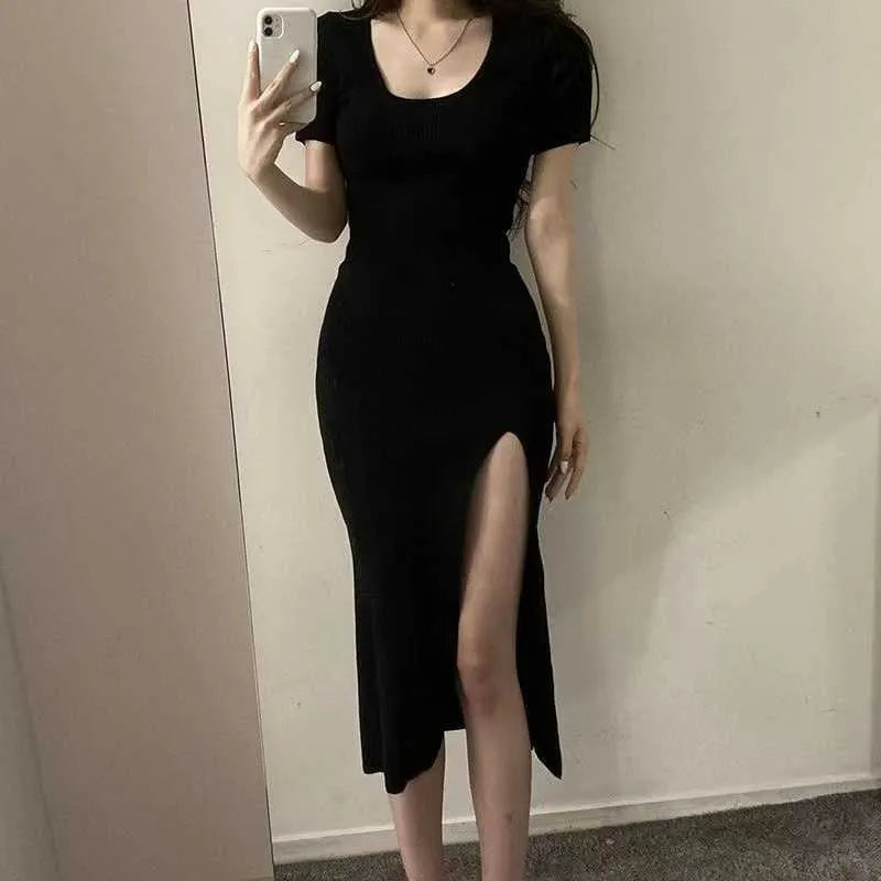 Women's casual short sleeved dress lady skirt hem thin skirt style girl designer sexy dress Split long skirt