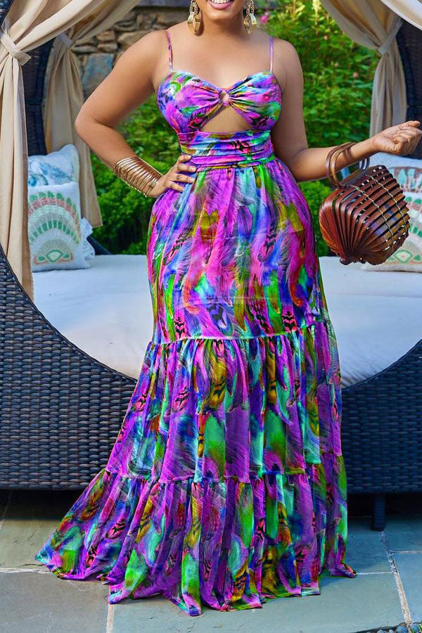 storexq Tie Dye Bohemia Ruffle Maxi Dress