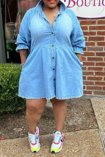 storexq Light Blue Lapel Girly Denim Mini Dress