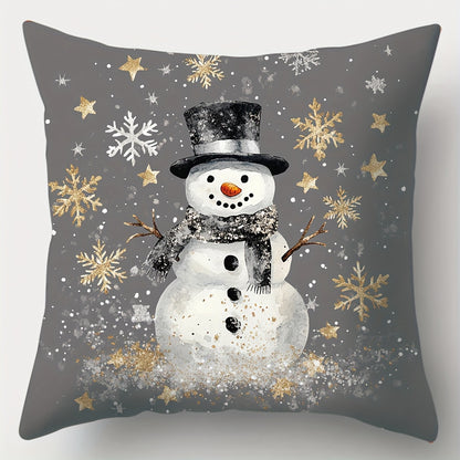 Contemporary 4-Pack Christmas Throw Pillow Covers 17.7" - Polyester, Zippered, Machine Washable, Festive Golden & Gray Print for Living Room Decor - Snowman, Trees, Winter Designs, Woven Pillowcases (No Pillow Core)