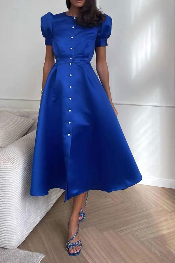 storexq Solid Color Girly Single Breasted Pleated Midi Dress