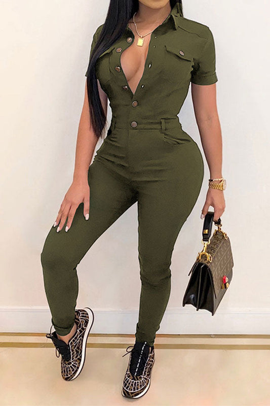 storexq Solid Color Classic Button Thru Bodycon Jumpsuit