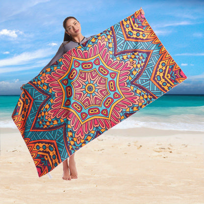 1Pc Bohemian Microfiber Beach Towel - Super Absorbent, Quick Drying, Sand Free, Compact, Outdoor Towel - 36*71inch/91.44*180.34cm, Carrying Bag Included, Ideal for Beach, Pool, Gym, Travel