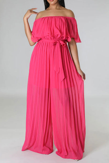 storexq Solid Color Classic Layered Pleated Jumpsuit With Belt