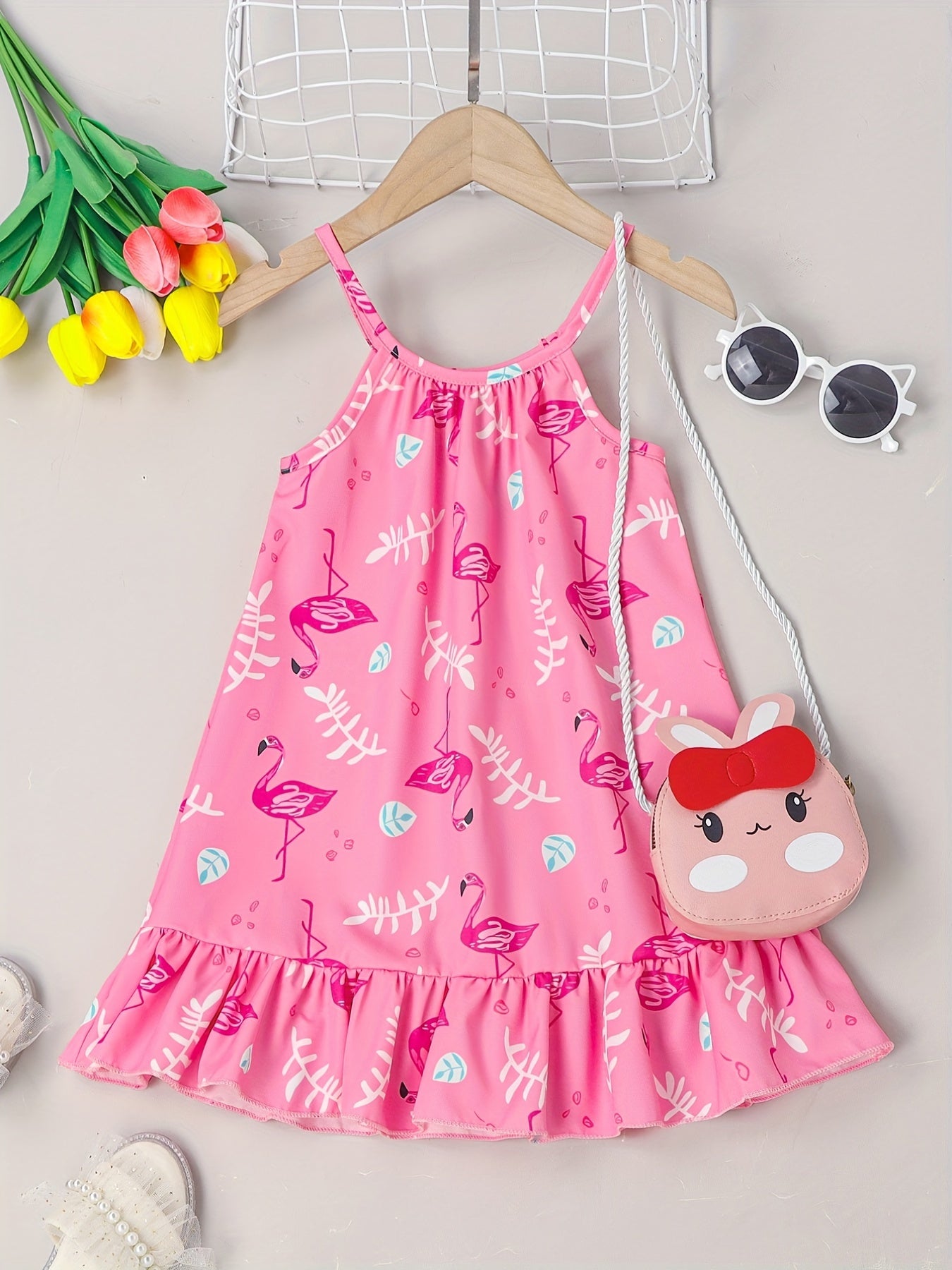 Girls Ruffle Hem Flower Graphic Cami Dress For Party Beach Vacation Kids Summer Clothes