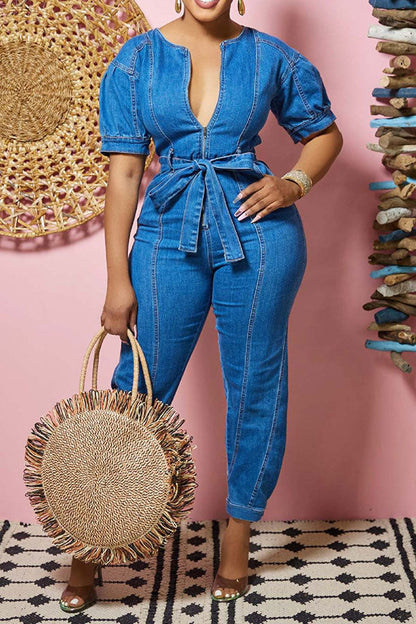 storexq Blue Zipper Classic Belted Denim Jumpsuit