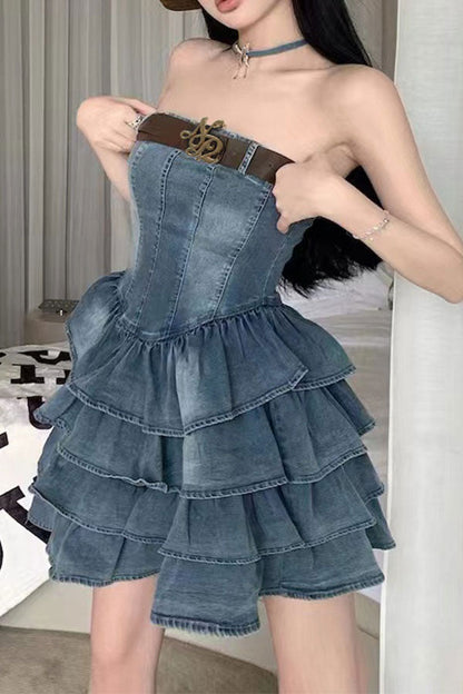 storexq Gradient Girly Belted Tiered Ruffle Denim Mini Dress