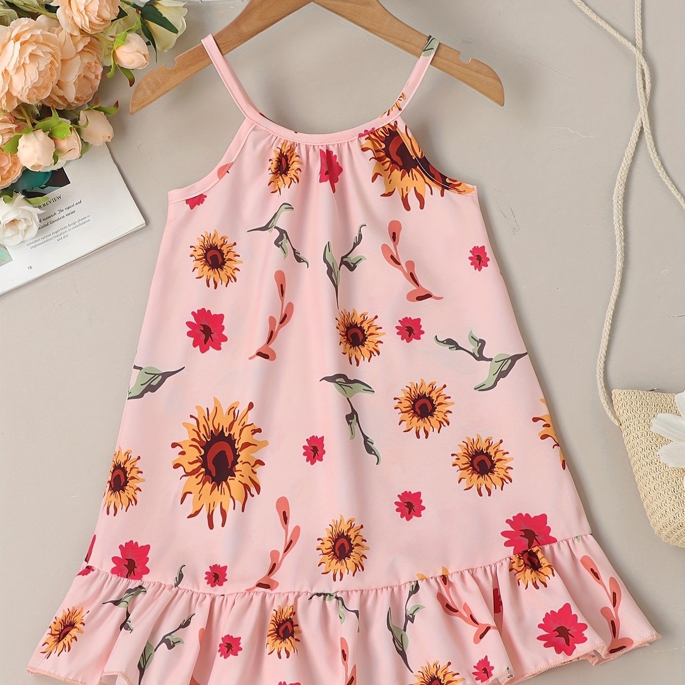 Girls Ruffle Hem Flower Graphic Cami Dress For Party Beach Vacation Kids Summer Clothes