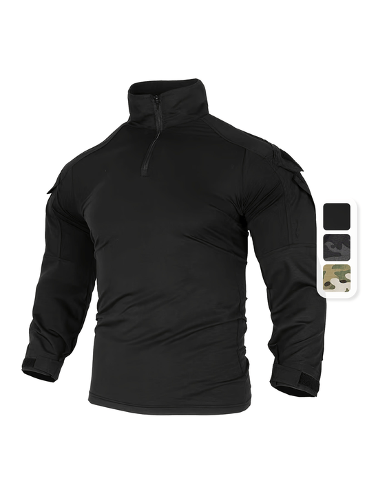 Combat Ready Men's Camo Shirt - Long Sleeve 1/4 Zip Outdoor Performance Top with Moisture-Wicking Fabric and Multiple Pockets for Hiking, Camping, and Tactical Activities