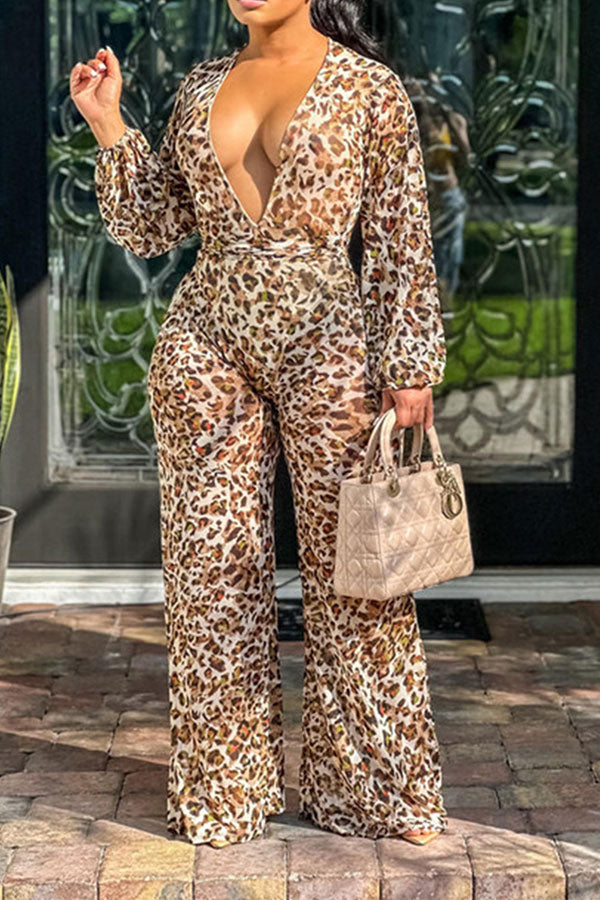 storexq Leopard Print Deep V Neck Feminine Lace-Up Jumpsuit